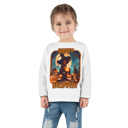 Happy Halloween Cute Witch Orange font Toddler Long Sleeve Tee by CreepyCrafts.boo