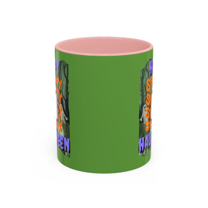 Spooky Happy Halloween Ghost Purple font Green Accent Mug by CreepyCrafts.boo