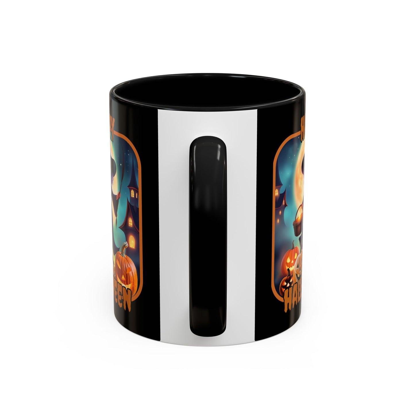 Happy Halloween Little Witch Orange font Black Accent Mug by CreepyCrafts.boo