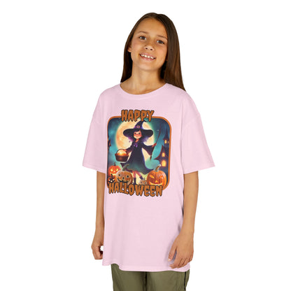 Happy Halloween Little Witch Orange font Kids Heavy Cotton™ Tee by CreepyCrafts.boo