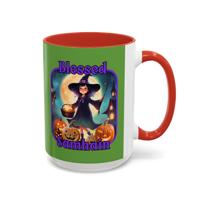 Blessed Samhain Little Witch Purple font Green Accent Mug by CreepyCrafts.boo
