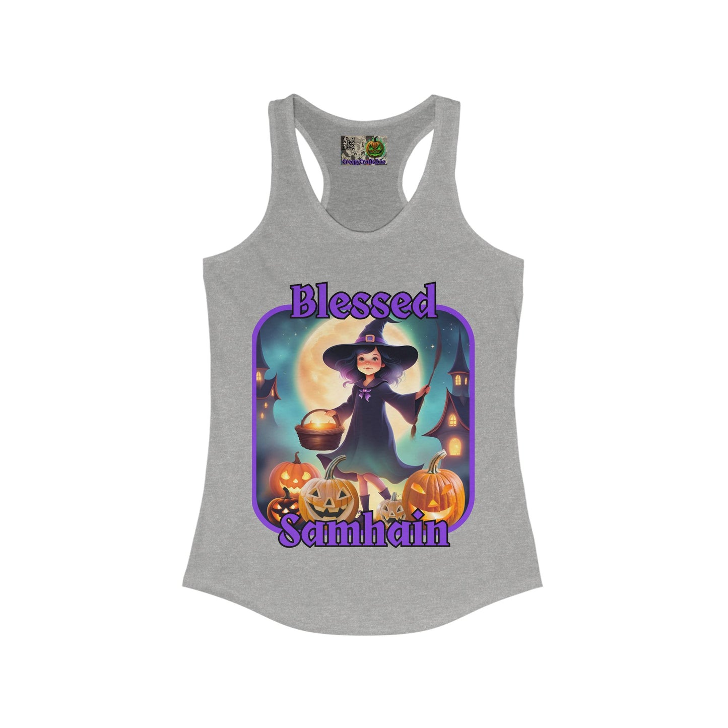 Blessed Samhain Little Witch Purple font Women's Racerback Tank Top by CreepyCrafts.boo