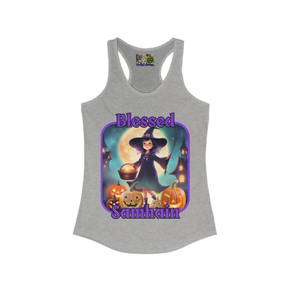 Blessed Samhain Little Witch Purple font Women's Racerback Tank Top by CreepyCrafts.boo