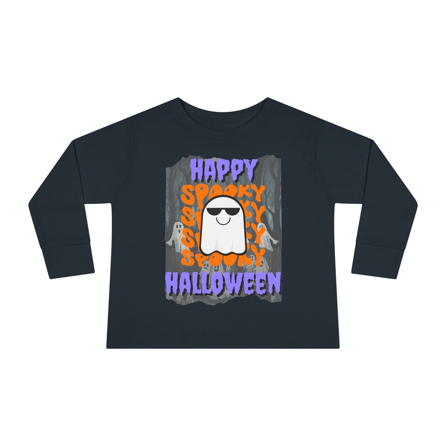 Spooky Happy Halloween Ghost Purple font Toddler Long Sleeve Tee by CreepyCrafts.boo