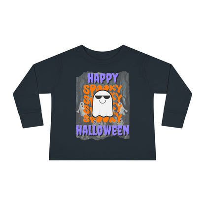 Spooky Happy Halloween Ghost Purple font Toddler Long Sleeve Tee by CreepyCrafts.boo