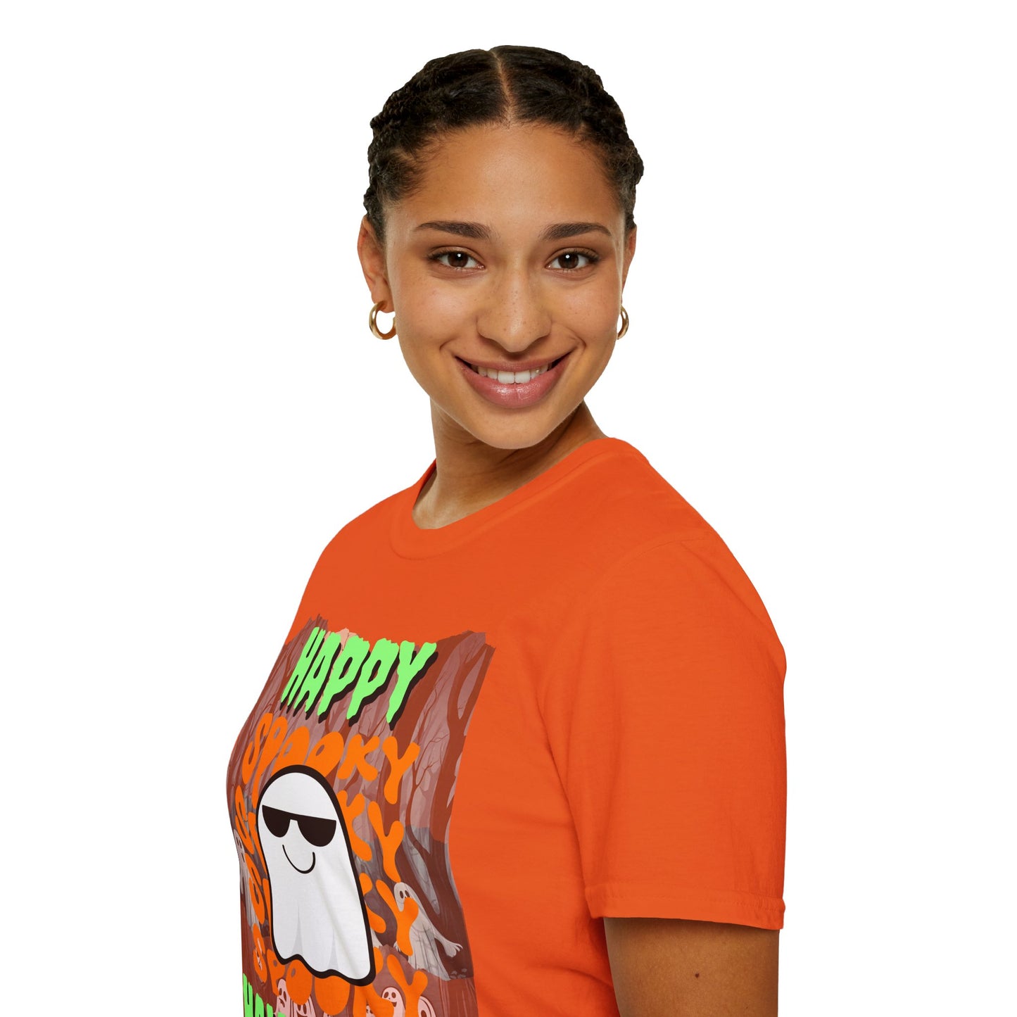 Spooky Happy Halloween Ghost Light colors Green font Unisex T-Shirt by CreepyCrafts.boo