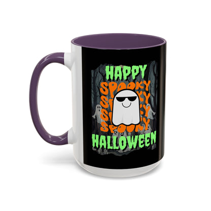 Spooky Happy Halloween Ghost Green font Black Accent Mug by CreepyCrafts.boo