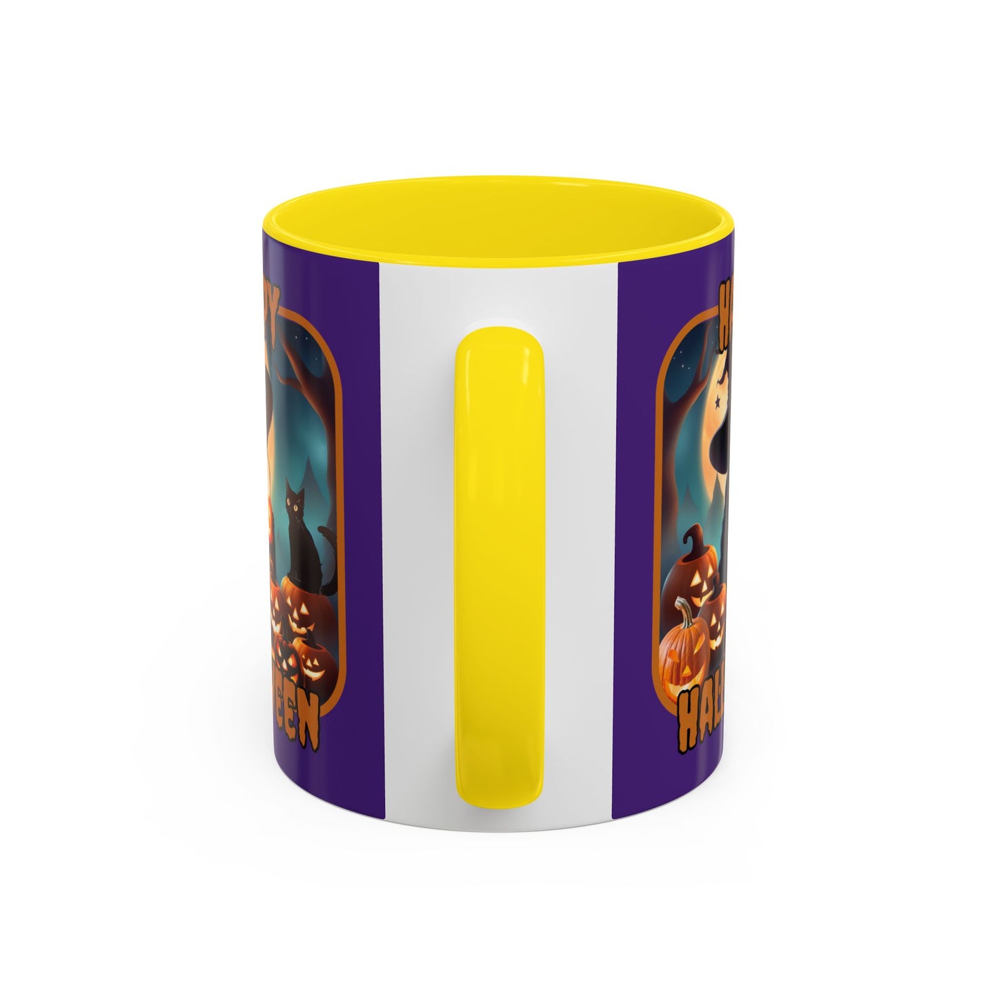 Happy Halloween Cute Witch Orange font Purple Accent Mug by CreepyCrafts.boo