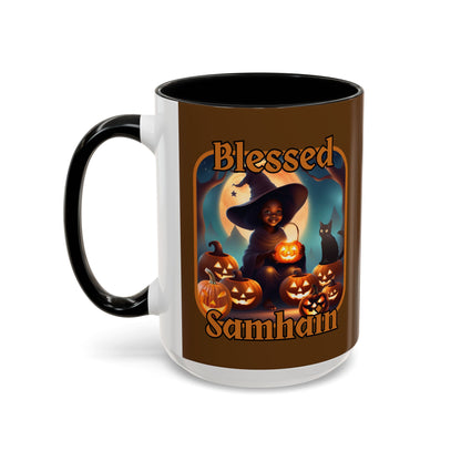 Blessed Samhain Cute Witch Orange font Brown Accent Mug by CreepyCrafts.boo
