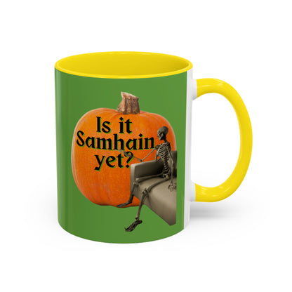 Is It Samhain Yet? Skeleton's Giant Pumpkin Green Accent Mug by CreepyCrafts.boo
