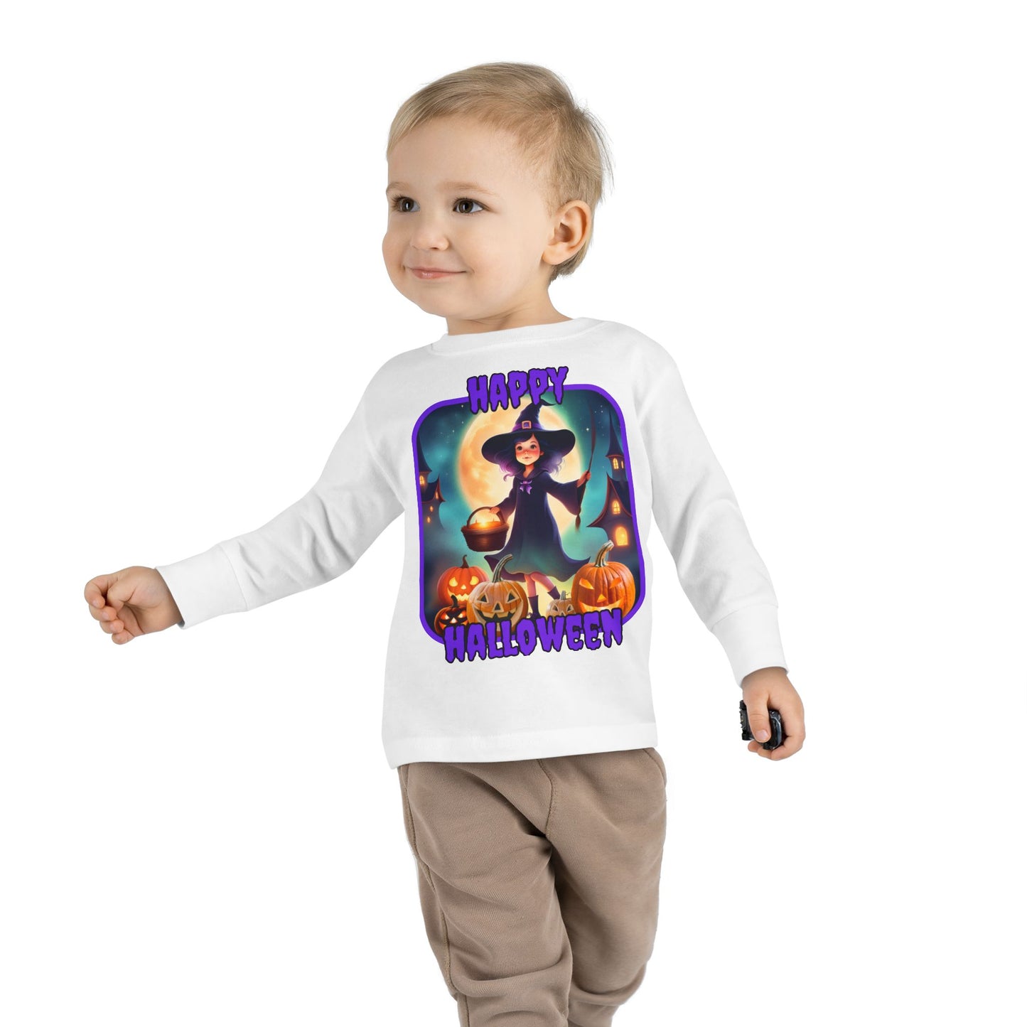 Happy Halloween Little Witch Purple font Toddler Long Sleeve Tee by CreepyCrafts.boo