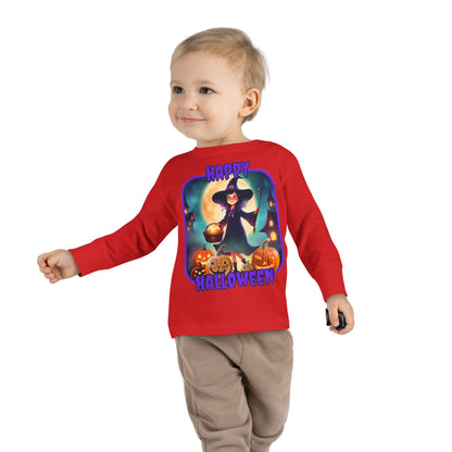 Happy Halloween Little Witch Purple font Toddler Long Sleeve Tee by CreepyCrafts.boo