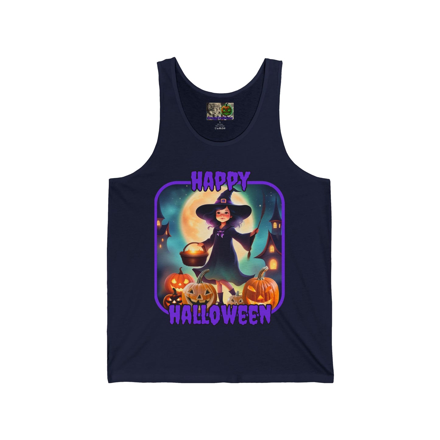 Happy Halloween Little Witch Purple font Unisex Jersey Tank Top by CreepyCrafts.boo