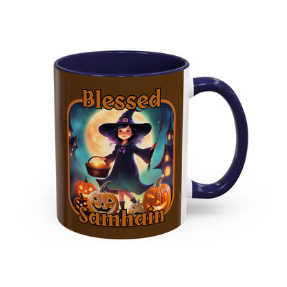 Blessed Samhain Little Witch Orange font Brown Accent Mug by CreepyCrafts.boo