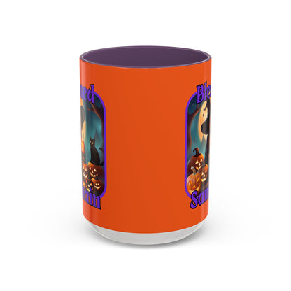 Blessed Samhain Cute Witch Purple font Orange Accent Mug by CreepyCrafts.boo