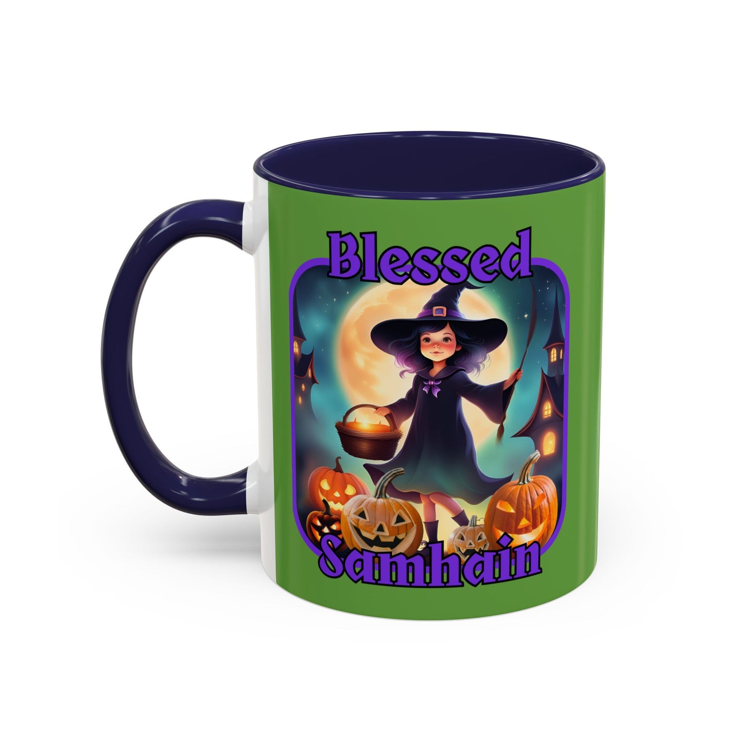 Blessed Samhain Little Witch Purple font Green Accent Mug by CreepyCrafts.boo