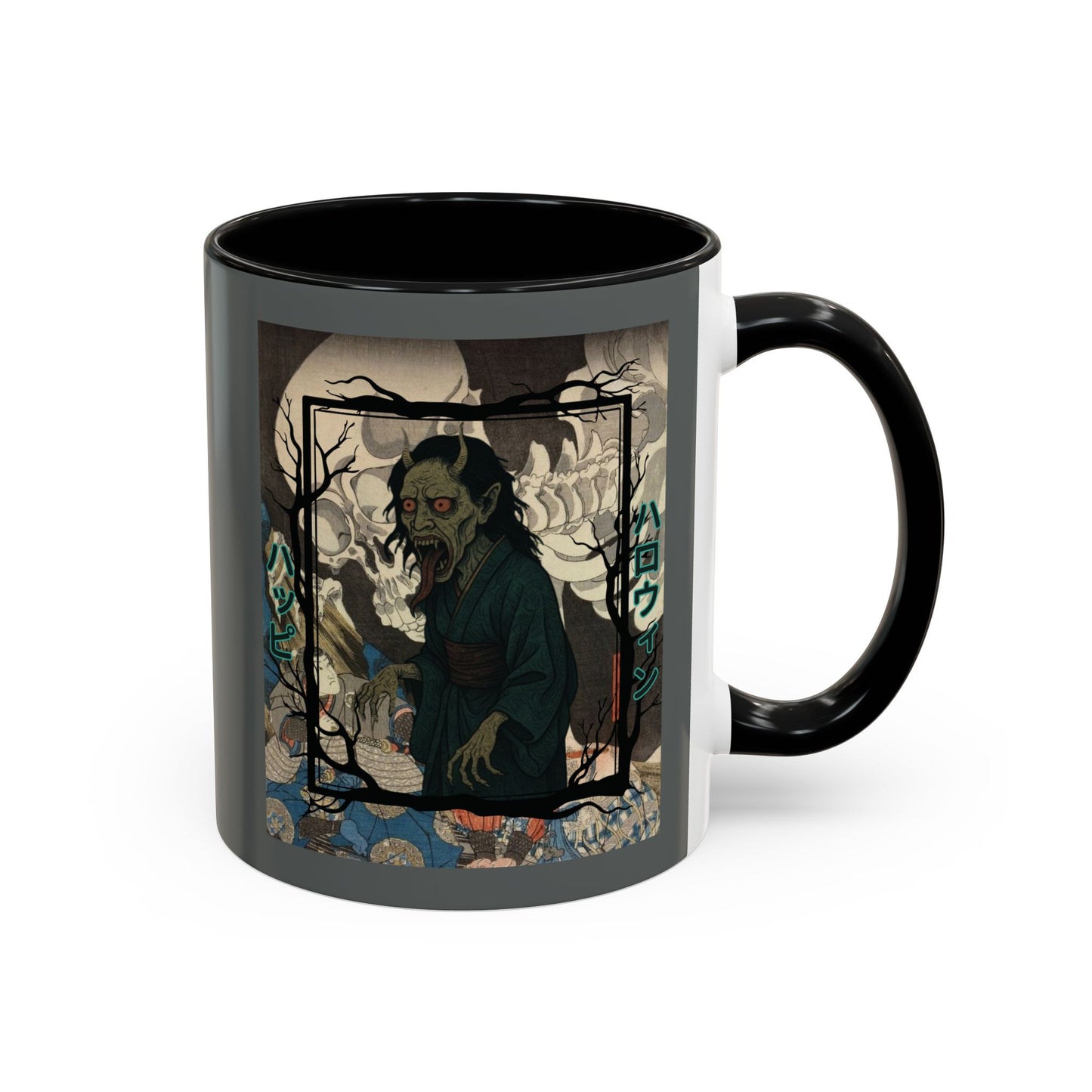 Yōkai Happy Halloween Grey Accent Mug by CreepyCrafts.boo