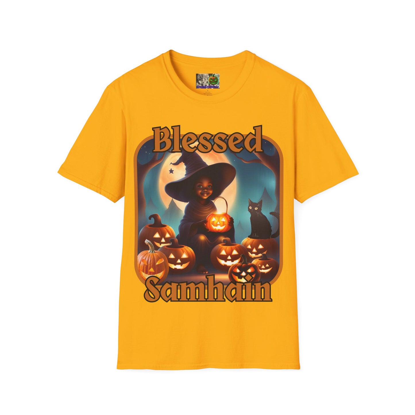 Blessed Samhain Cute Witch Orange font Light colors Unisex T-Shirt by CreepyCrafts.boo