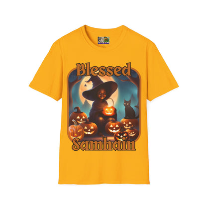 Blessed Samhain Cute Witch Orange font Light colors Unisex T-Shirt by CreepyCrafts.boo