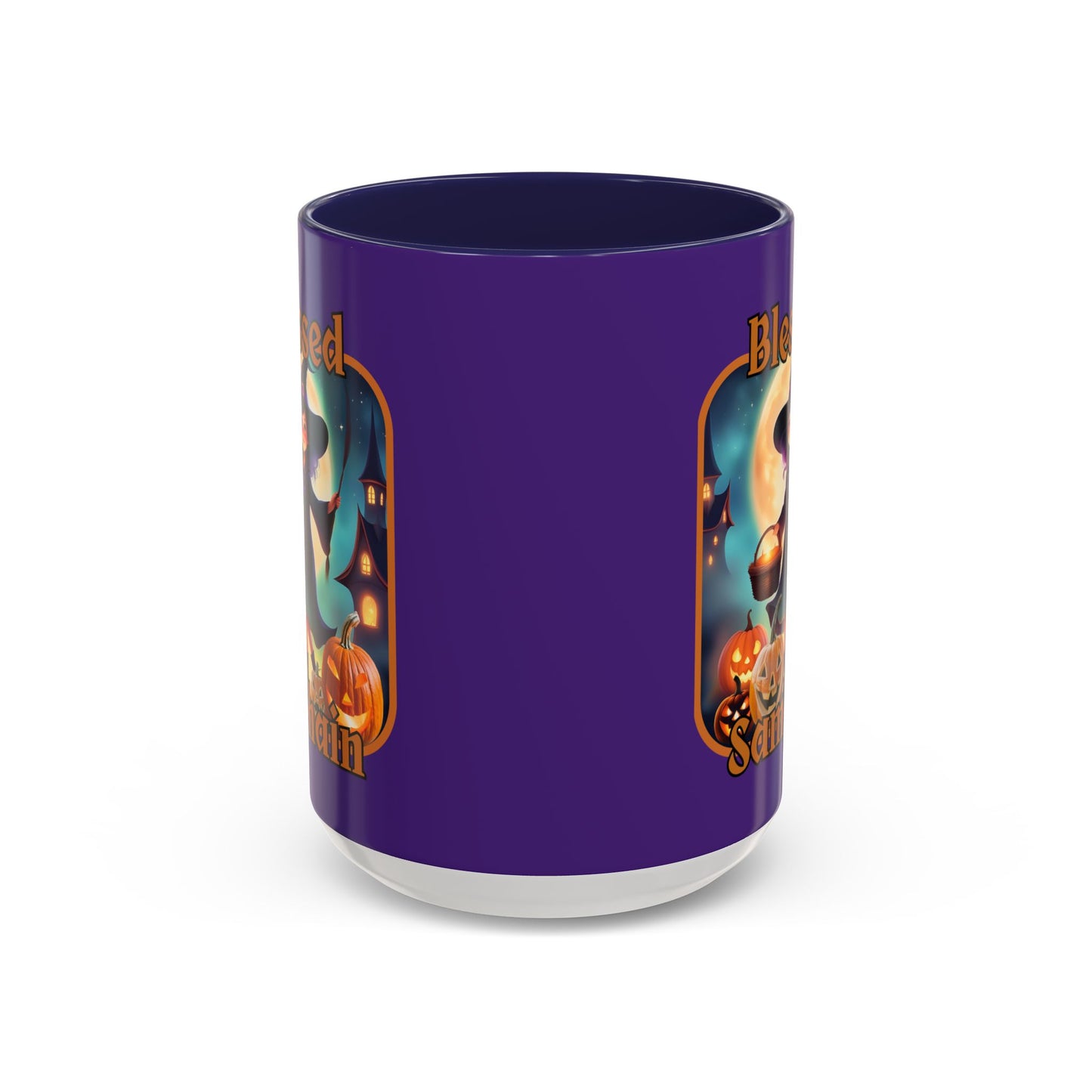 Blessed Samhain Little Witch Orange font Purple Accent Mug by CreepyCrafts.boo