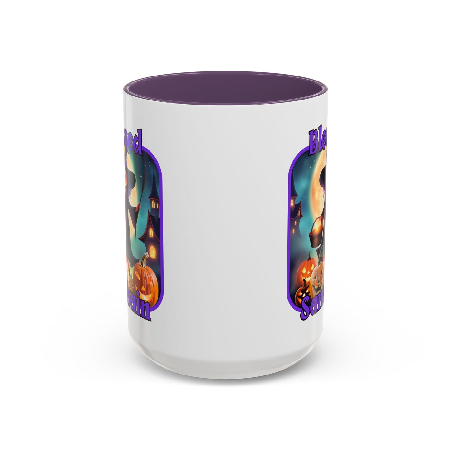 Blessed Samhain Little Witch Purple font White Accent Mug by CreepyCrafts.boo