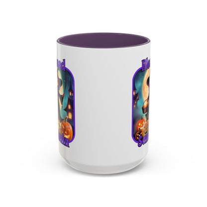 Blessed Samhain Little Witch Purple font White Accent Mug by CreepyCrafts.boo