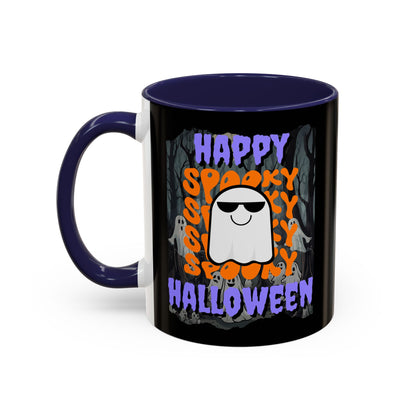 Spooky Happy Halloween Ghost Purple font Black Accent Mug by CreepyCrafts.boo