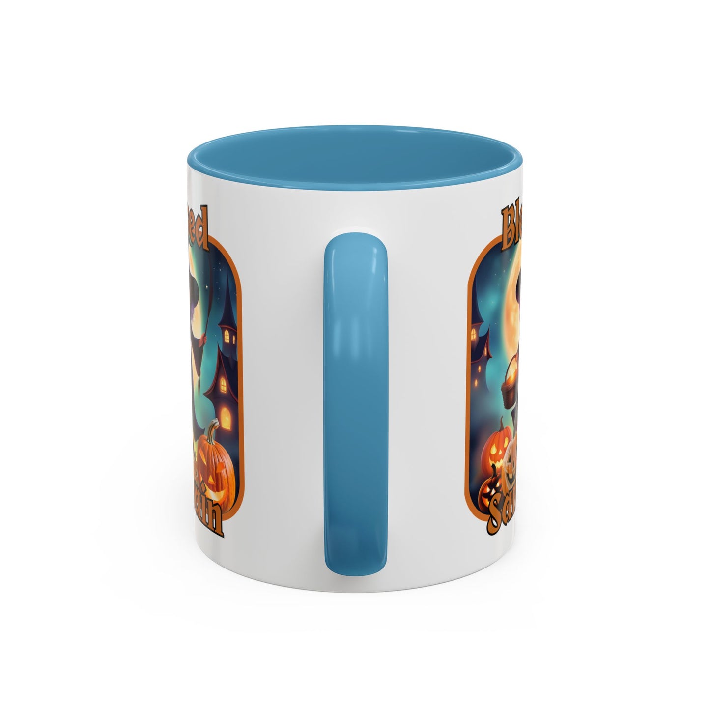 Blessed Samhain Little Witch Orange font White Accent Mug by CreepyCrafts.boo