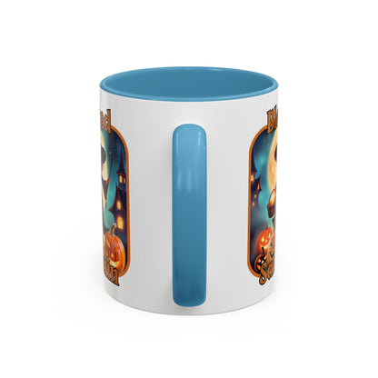 Blessed Samhain Little Witch Orange font White Accent Mug by CreepyCrafts.boo