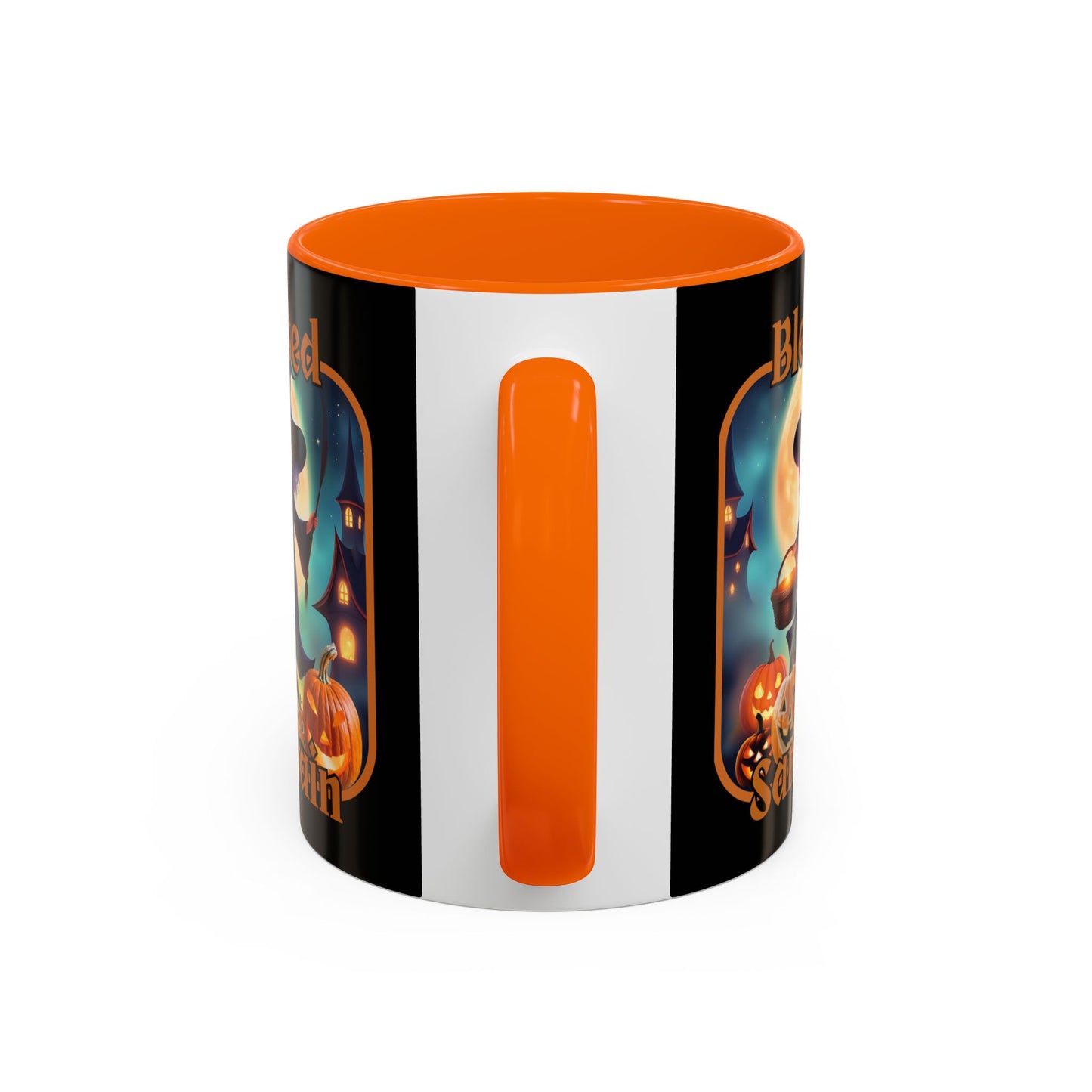 Blessed Samhain Little Witch Orange font Black Accent Mug by CreepyCrafts.boo