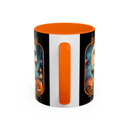 Blessed Samhain Little Witch Orange font Black Accent Mug by CreepyCrafts.boo