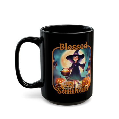 Blessed Samhain Little Witch Orange font Black Mug by CreepyCrafts.boo