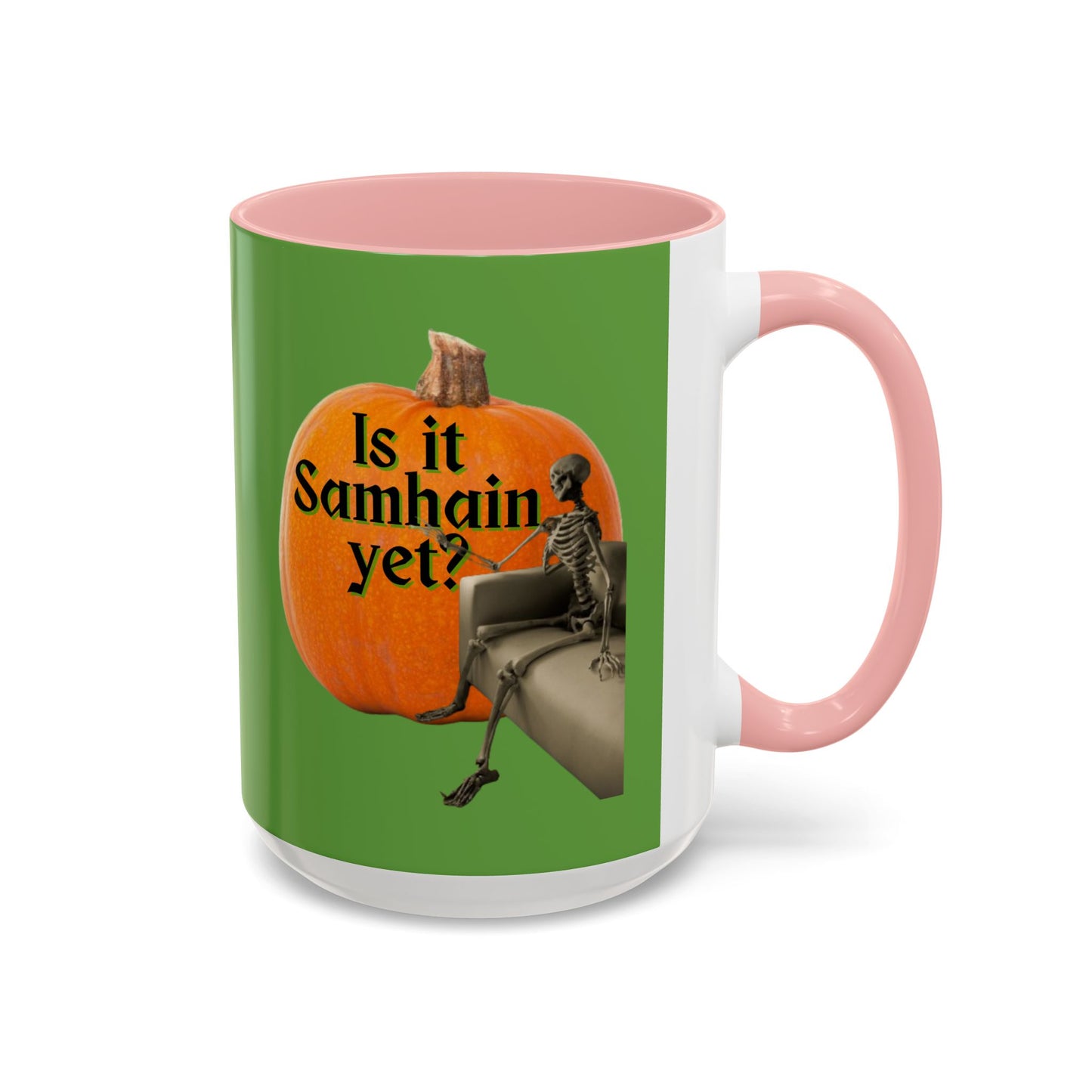 Is It Samhain Yet? Skeleton's Giant Pumpkin Green Accent Mug by CreepyCrafts.boo