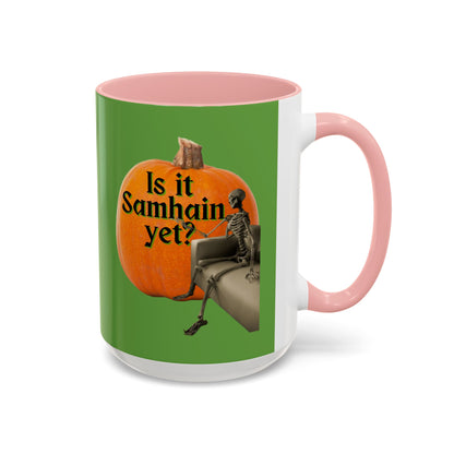 Is It Samhain Yet? Skeleton's Giant Pumpkin Green Accent Mug by CreepyCrafts.boo