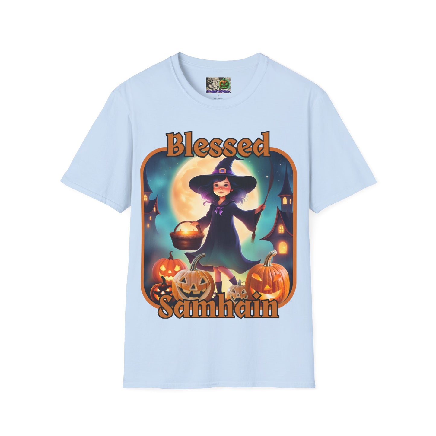 Blessed Samhain Little Witch Orange font Light colors Unisex T-Shirt by CreepyCrafts.boo