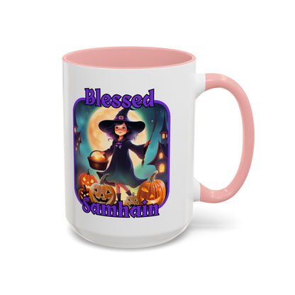 Blessed Samhain Little Witch Purple font White Accent Mug by CreepyCrafts.boo