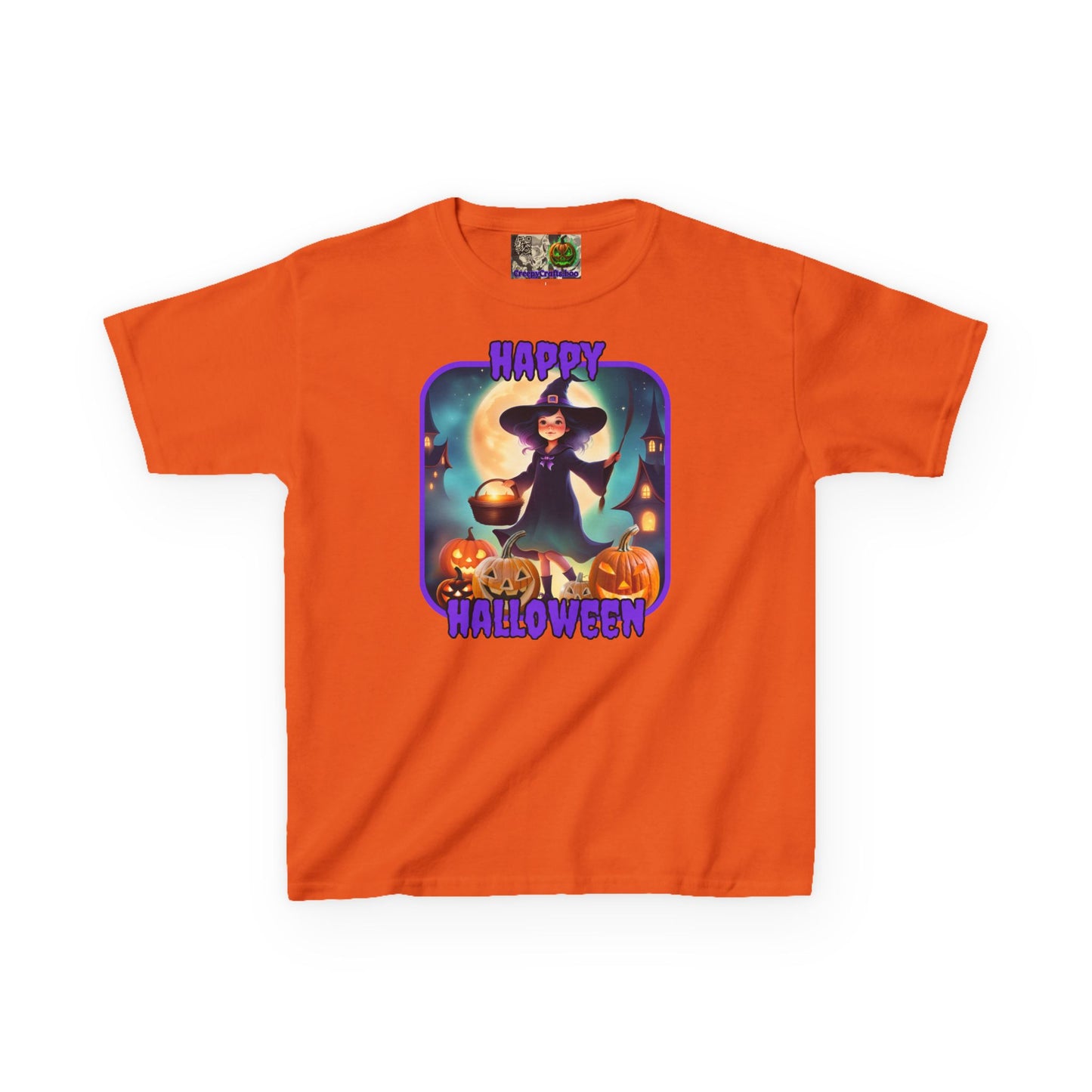 Happy Halloween Little Witch Purple font Kids Heavy Cotton™ Tee by CreepyCrafts.boo