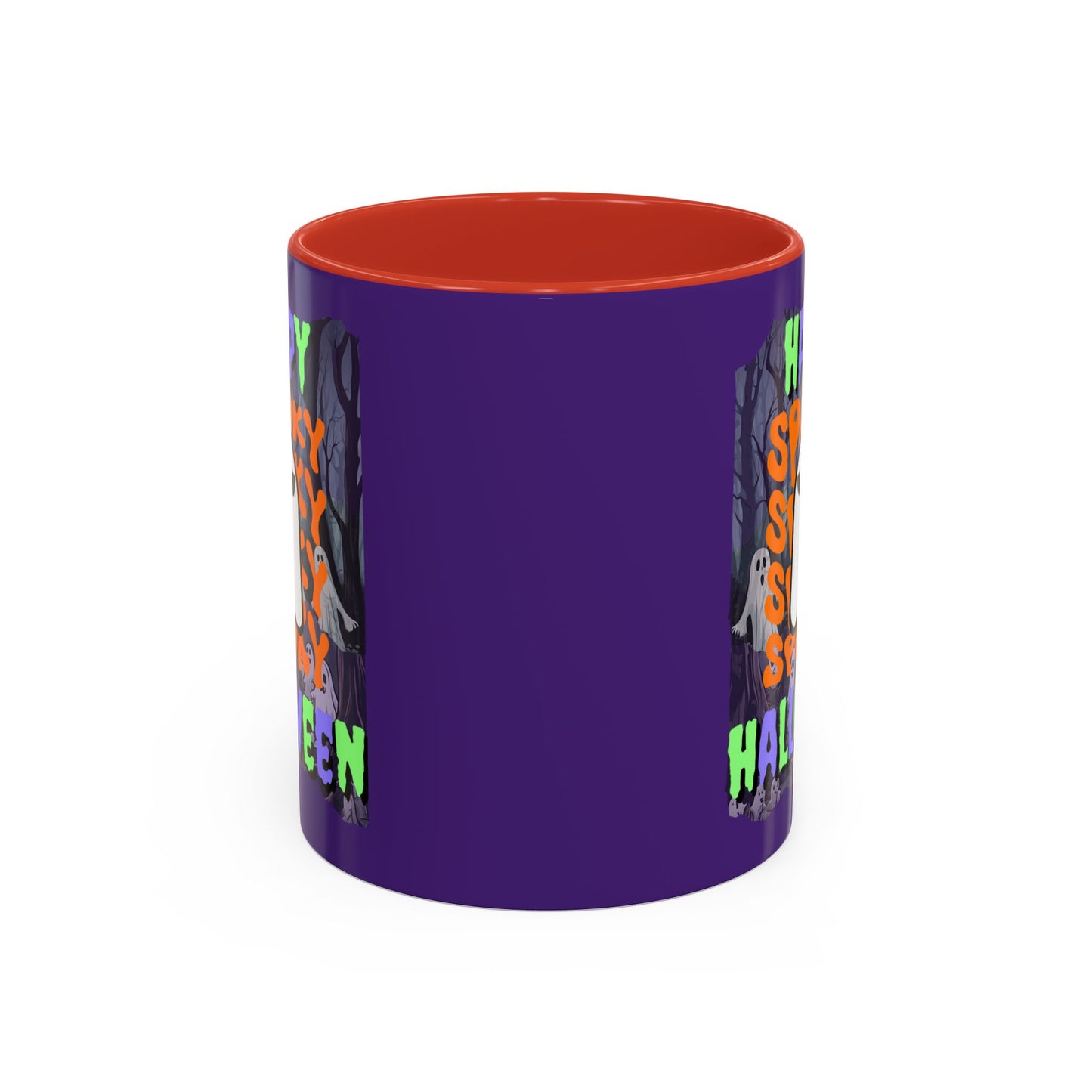 Spooky Happy Halloween Ghost Mixed font Purple Accent Mug by CreepyCrafts.boo