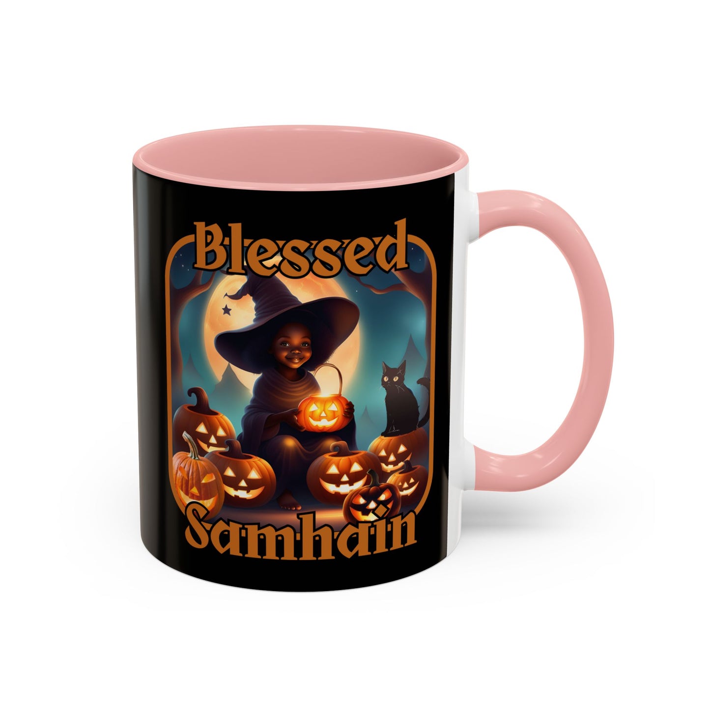 Blessed Samhain Cute Witch Orange font Black Accent Mug by CreepyCrafts.boo