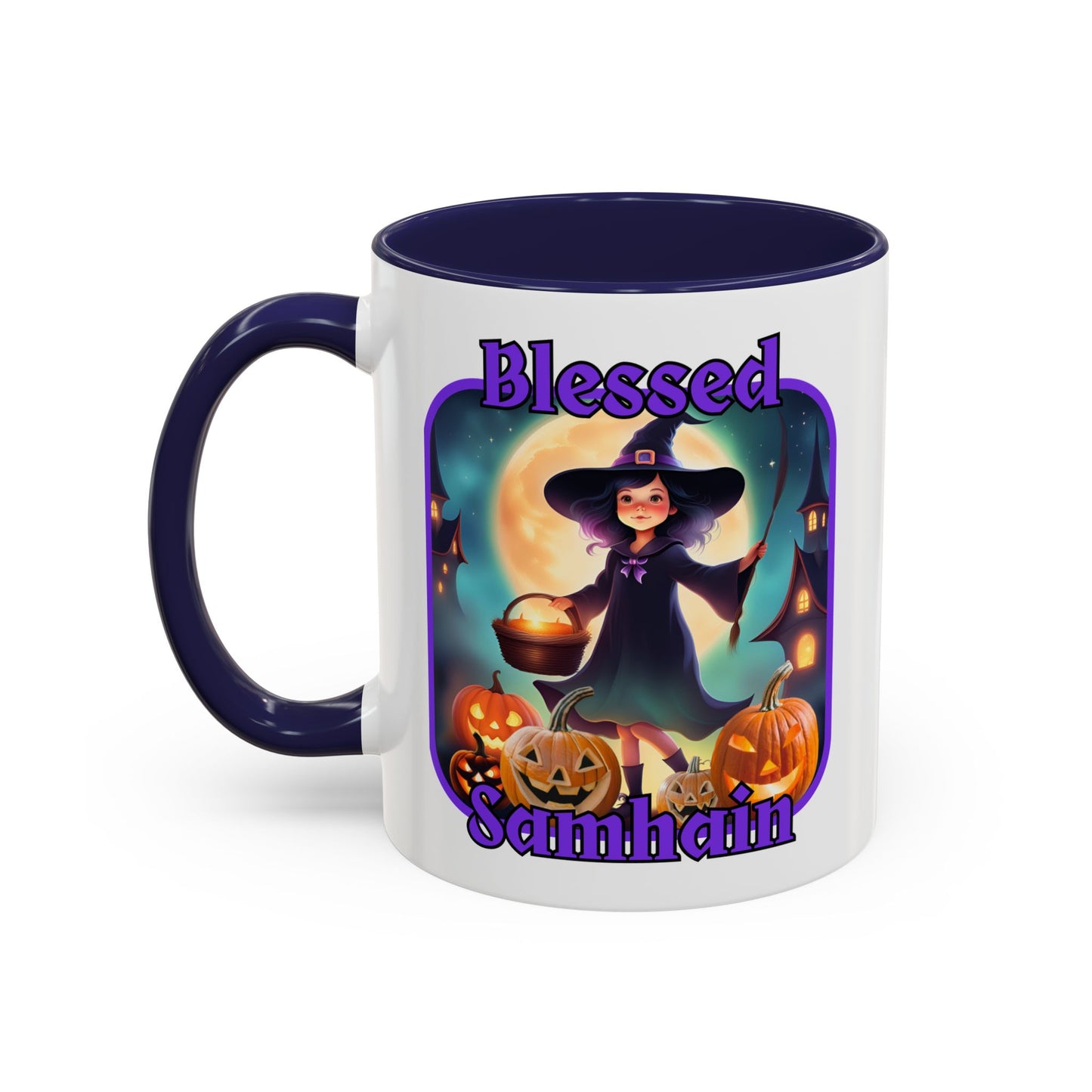 Blessed Samhain Little Witch Purple font White Accent Mug by CreepyCrafts.boo