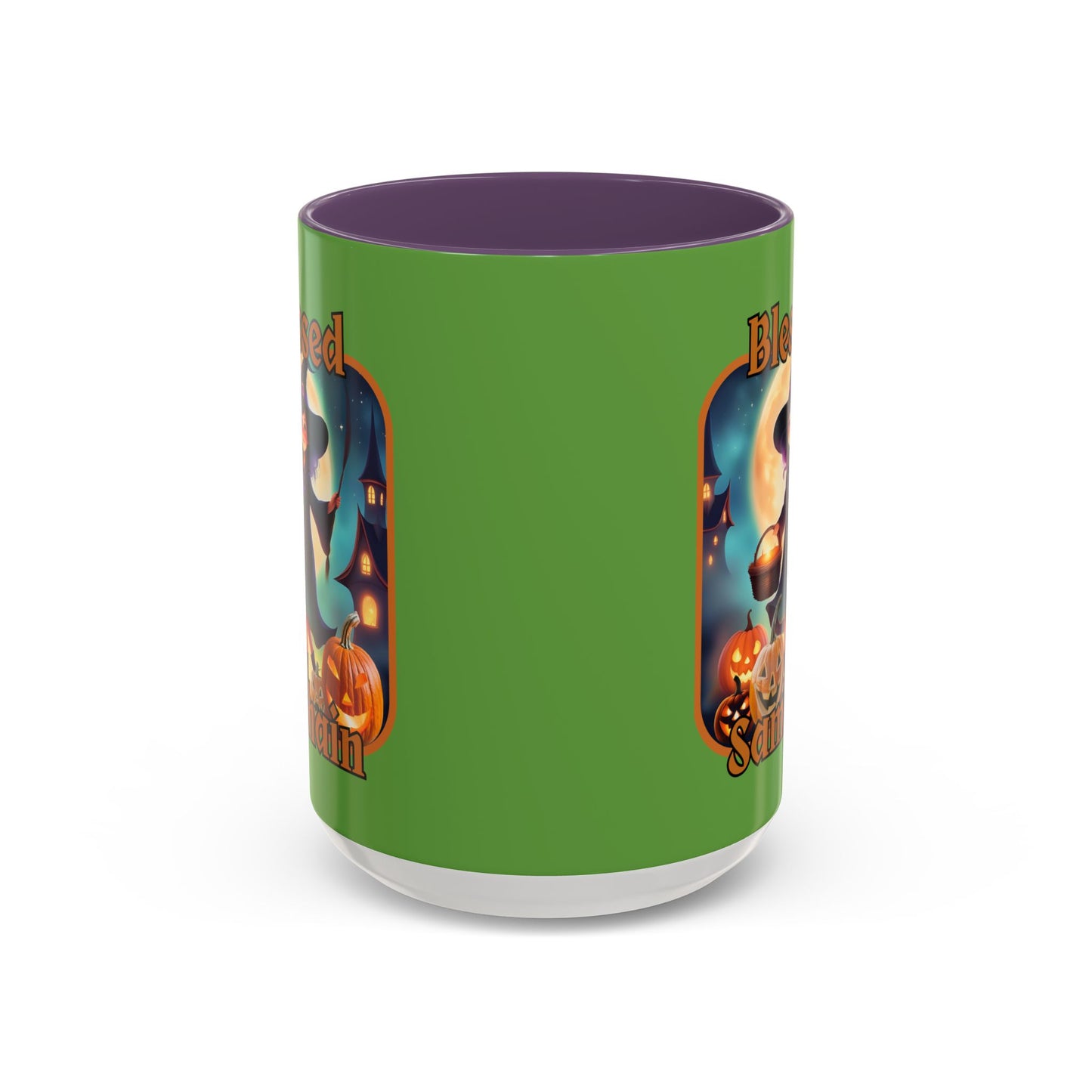 Blessed Samhain Little Witch Orange font Green Accent Mug by CreepyCrafts.boo