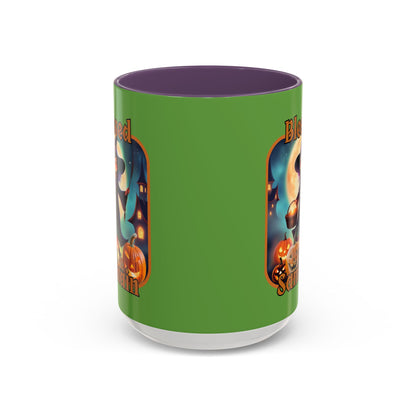 Blessed Samhain Little Witch Orange font Green Accent Mug by CreepyCrafts.boo