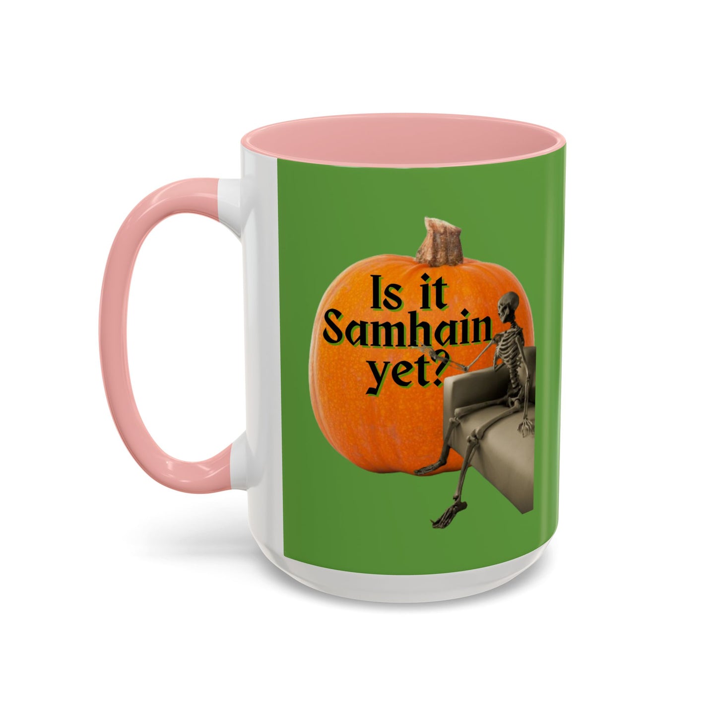 Is It Samhain Yet? Skeleton's Giant Pumpkin Green Accent Mug by CreepyCrafts.boo