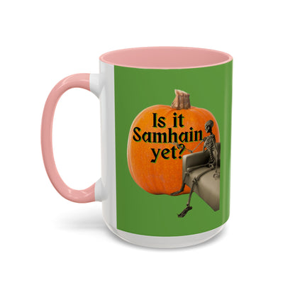 Is It Samhain Yet? Skeleton's Giant Pumpkin Green Accent Mug by CreepyCrafts.boo