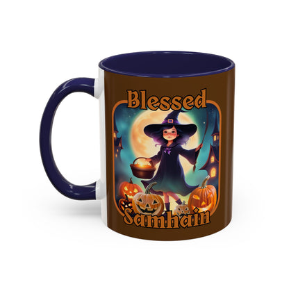 Blessed Samhain Little Witch Orange font Brown Accent Mug by CreepyCrafts.boo