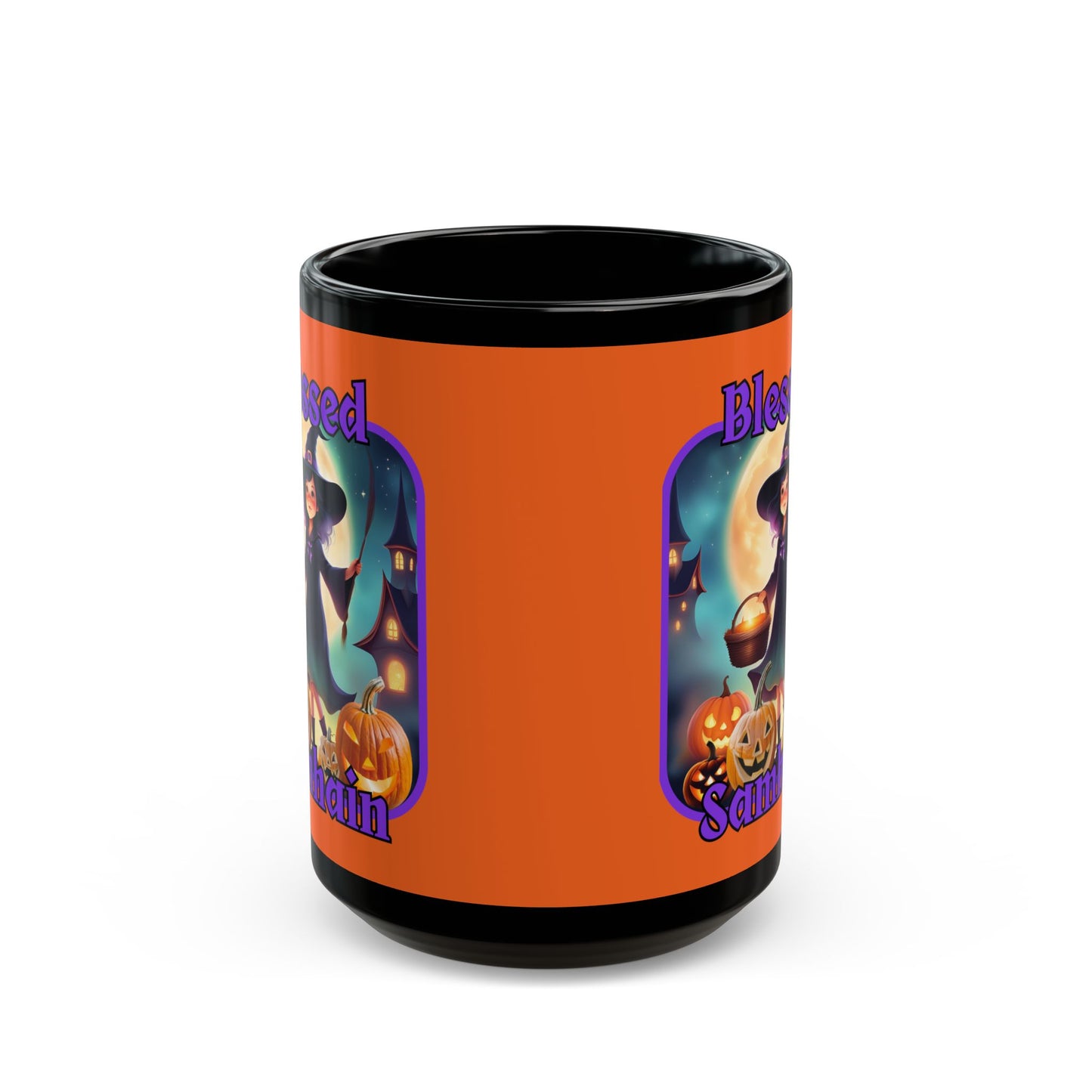 Blessed Samhain Little Witch Purple font Orange Mug by CreepyCrafts.boo