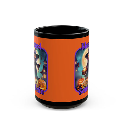 Blessed Samhain Little Witch Purple font Orange Mug by CreepyCrafts.boo