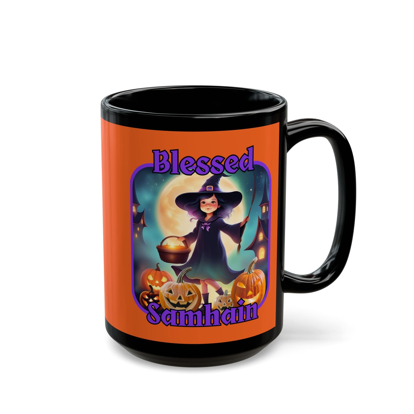 Blessed Samhain Little Witch Purple font Orange Mug by CreepyCrafts.boo