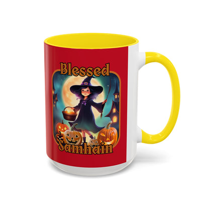 Blessed Samhain Little Witch Orange font Red Accent Mug by CreepyCrafts.boo
