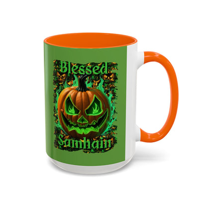 Blessed Samhain Green Jack Green Accent Mug by CreepyCrafts.boo